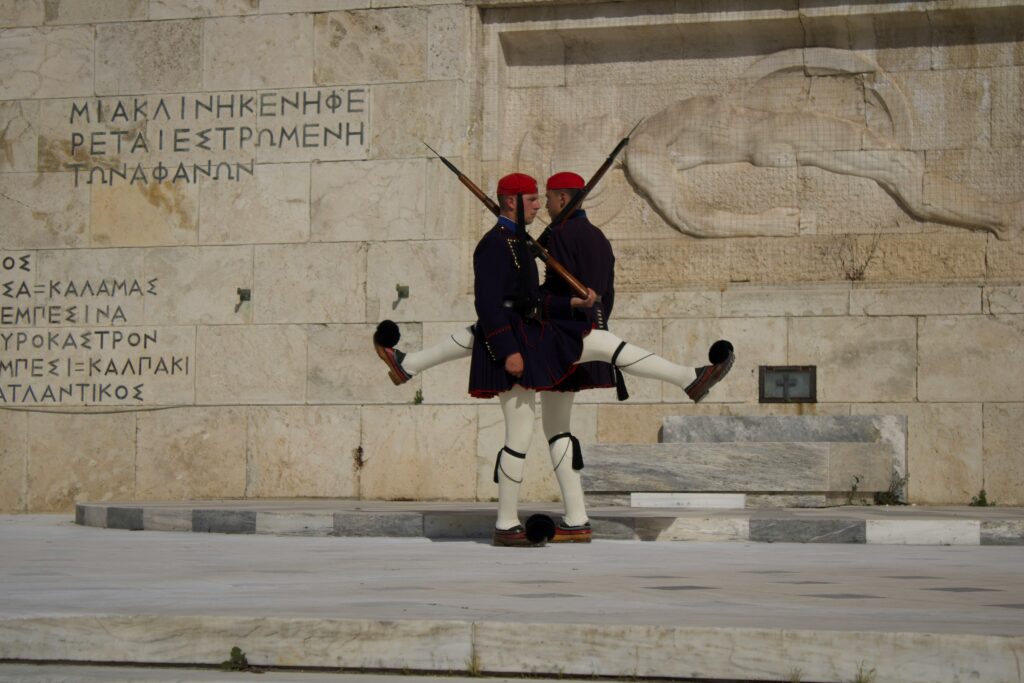 Traditional Greek guards perform ceremonial change at Syntagma Square, Athens.