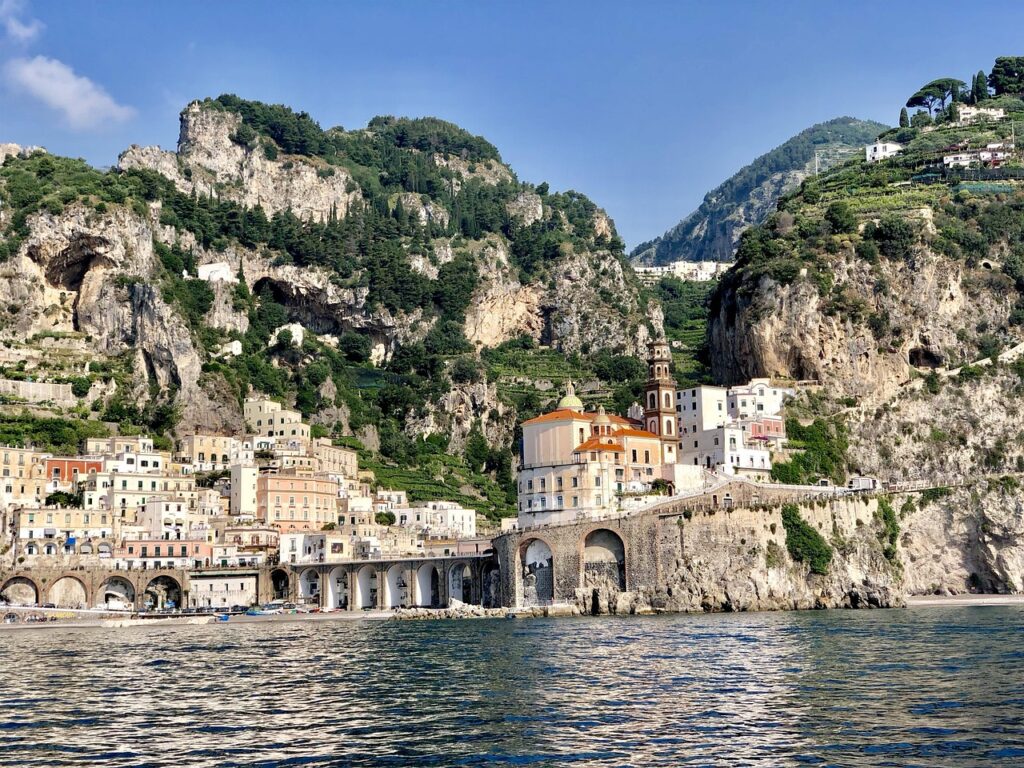 amalfi coast, mountains, mediterranean, landscape, mountain, tourism, nature, cliff, amalfi, holiday, italy, coast, coastline, positano, travel, italian, town, sea, coastal